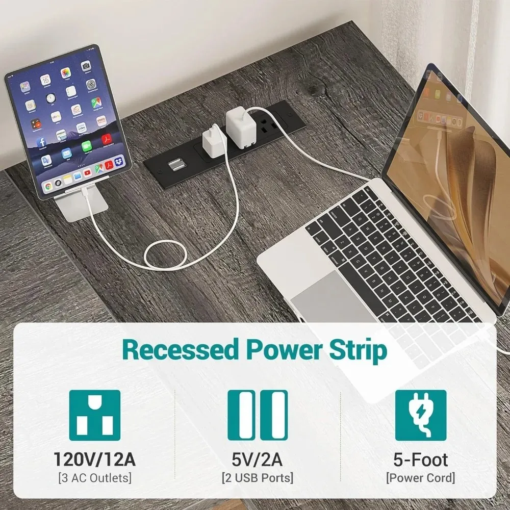 L-shaped Table with Power Socket and USB Charging Port with Storage Shelves, Home Computer Desk, Easy To Assemble, Grey Oak