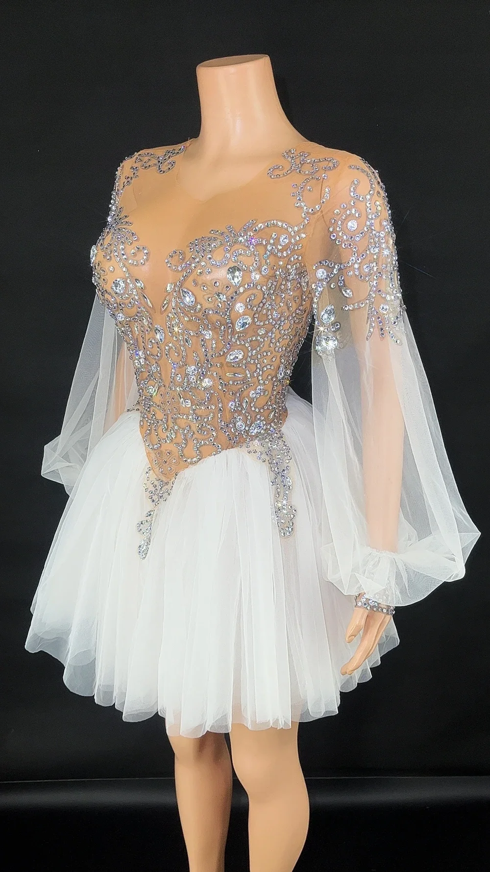 Robe Courte en Tulle avec Manches Bouffantes pour Femme, Tenue Élégante avec Strass, Costume de brevpour Mariage et Anniversaire