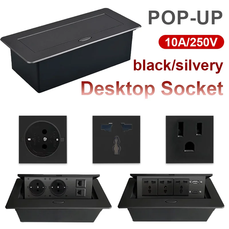 

​​Multifunctional Slow-Rise Pop-Up Desk Socket EU/US with USB/HDMI/RJ45/Type-C Ports - Aluminum Alloy Embedded Conference Table