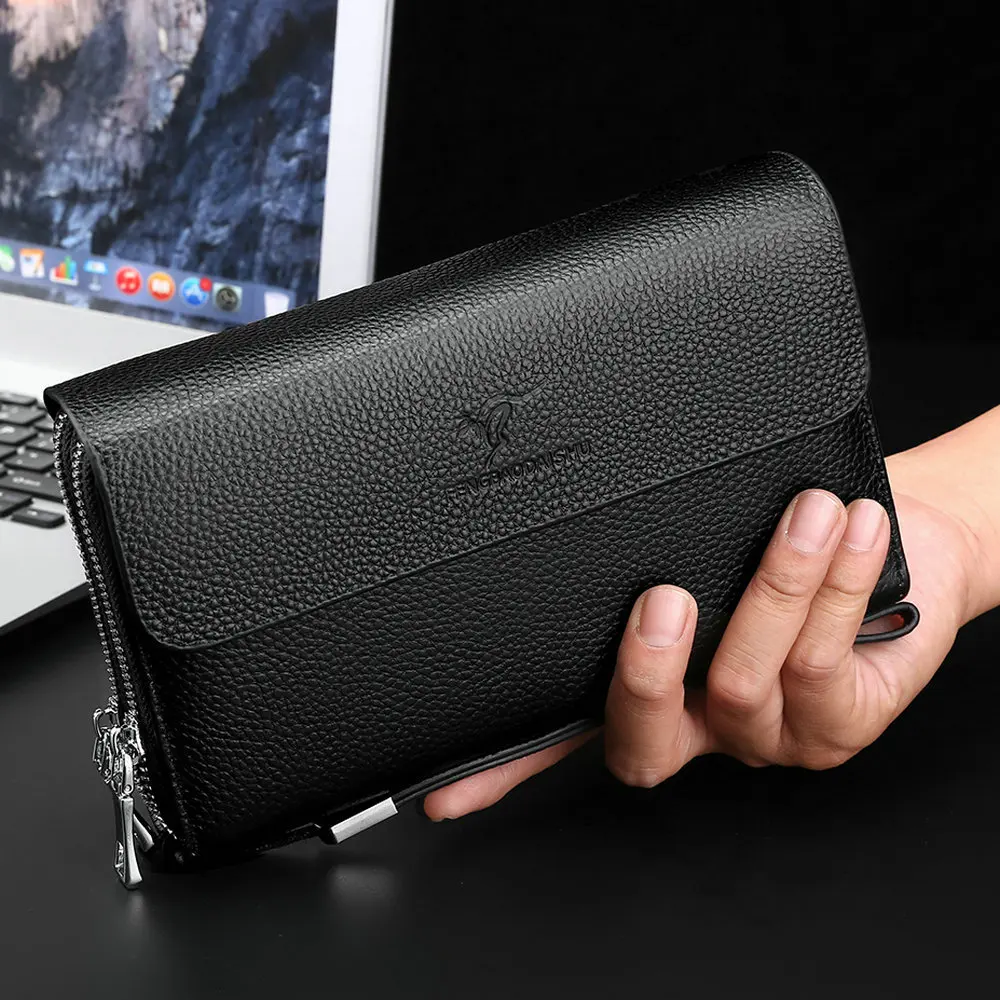 Men's genuine leather business wallet with multiple card slots for mobile phone storage, long flip-top handbag