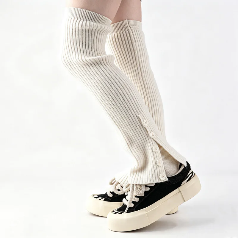 Autumn Winter Button Knitted Leg Warmers Korean Vertical Striped Calf Socks Stacked Leg Cover Foot Cover Stockings for Women