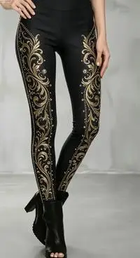 Women's Vintage Gold Ornate Leggings Black Baroque Scroll Print Stretchy Slim Fit Pants Luxury Skinny Bodycon Trousers