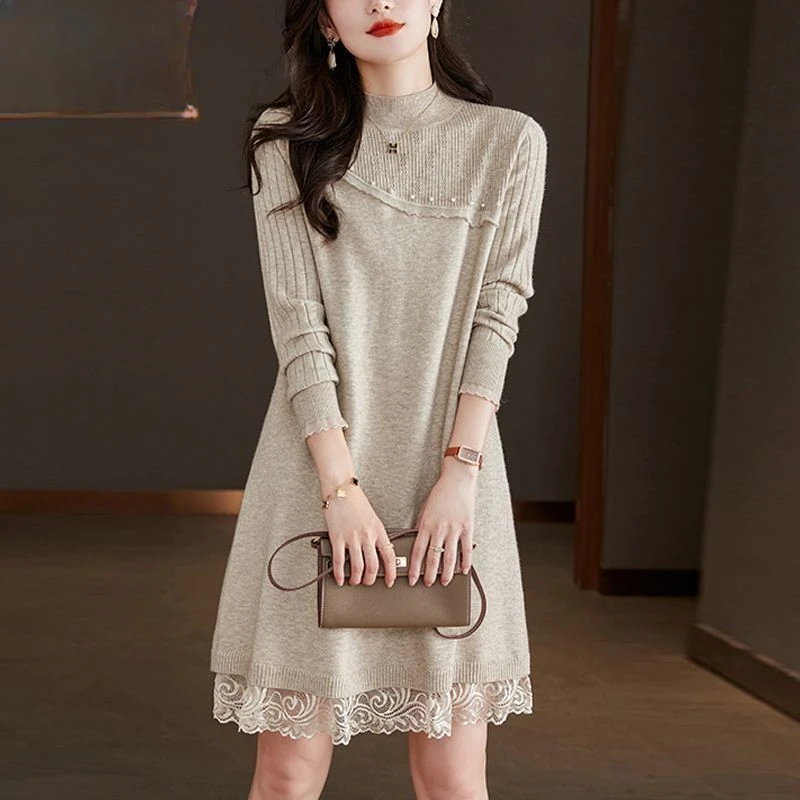 

Women's 2024 Autumn/Winter New Solid Color Knitted Dress Lace Spliced Half High Neck Mid Length Underlay B844