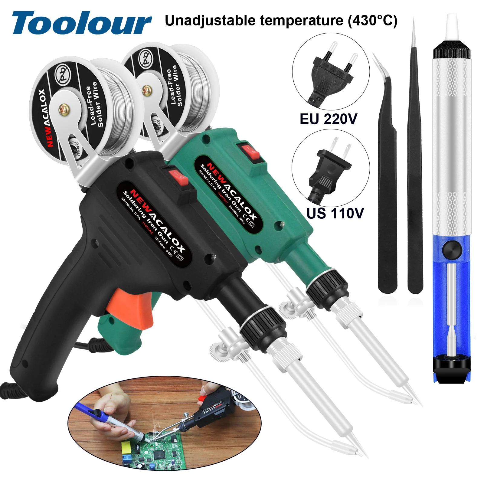 Soldering Iron Kit Auto Feed Soldering Gun 3-in-1 Set with Wire, Desoldering Pump, Tweezers for Electronics Repair DIY, PCB, SMD