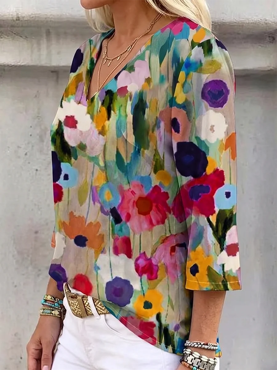 Damen-Bluse mit Blumenmuster, V-Ausschnitt, lässige, halbärmelige, lockere Hemden, Frühling, Sommer, Vintage-Boho-Tops – Detail 3