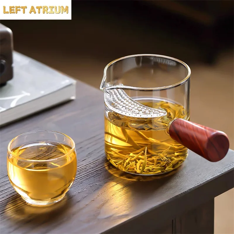380ml Side Wooden Handle Heat Resistant Glass Tea Dispenser with Crescent Filter Fair Cup Tea Ceremony Kung Fu Tea Set