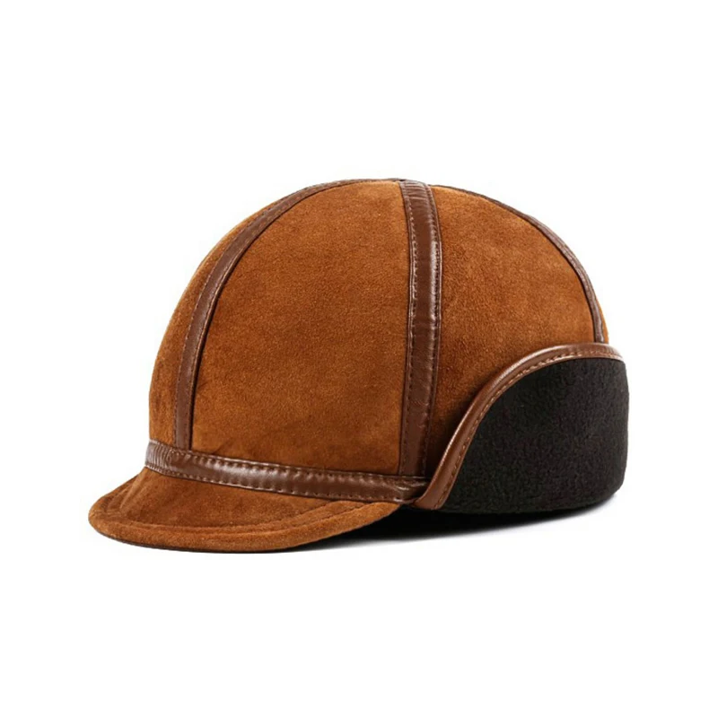 Winter Men's Soft Leather Short Brim Warm Bomber Hat Male Lightweight Suede Fur Caps With Earmuffs Windproof Lined Melon Chapeau