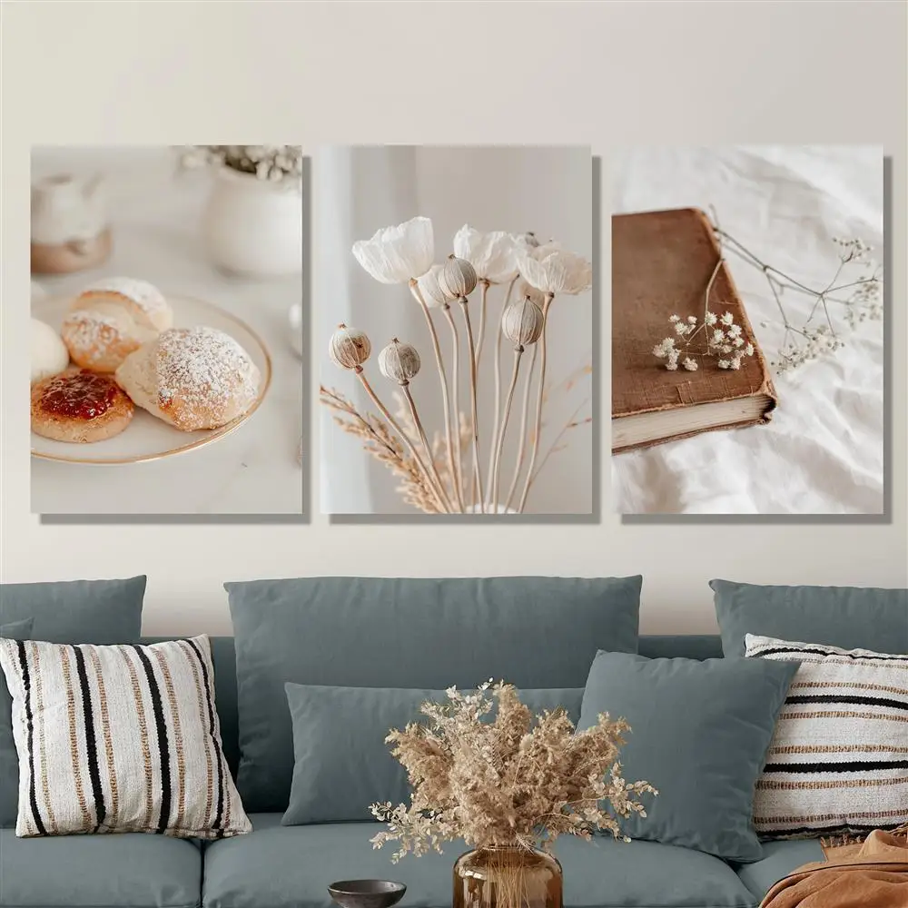 Plano 2D, arte impreso en lienzo con marco de madera de 3 piezas: temas tranquilos y imágenes de meditación, florero nórdico, flores, cañas de heno, Pho de pan Gourmet