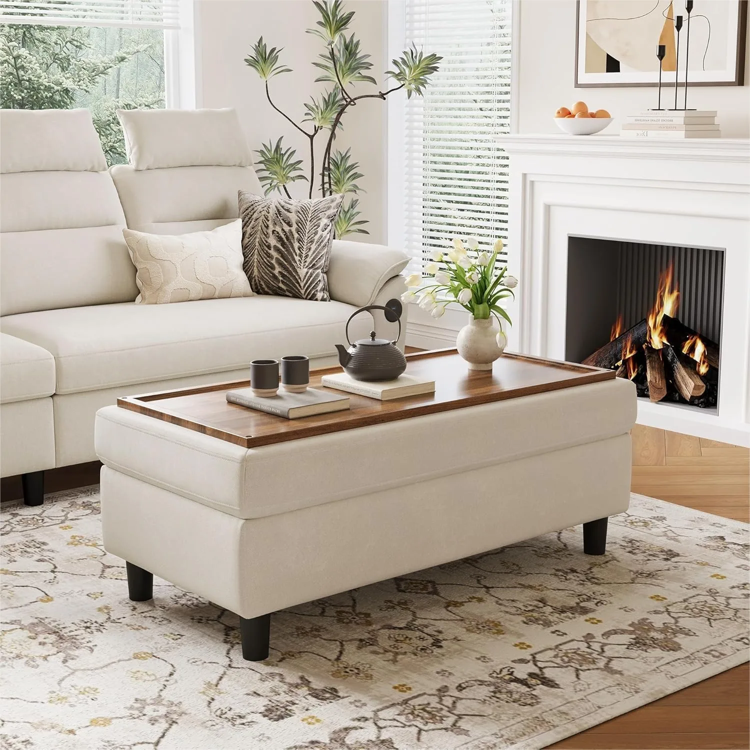

46 Inches Wide Storage Ottoman Bench with Linen Look, Folding Coffee Table and Footstool for Living Room Entryway