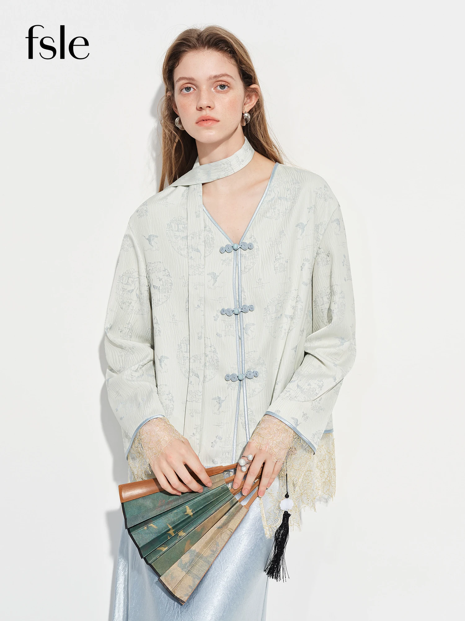 FSLE Modern Chinese-inspired Women's Blazer with Button Closure Sash VNeck Patchwork Lace Trim Outerwear Spring 2026 New Arrival