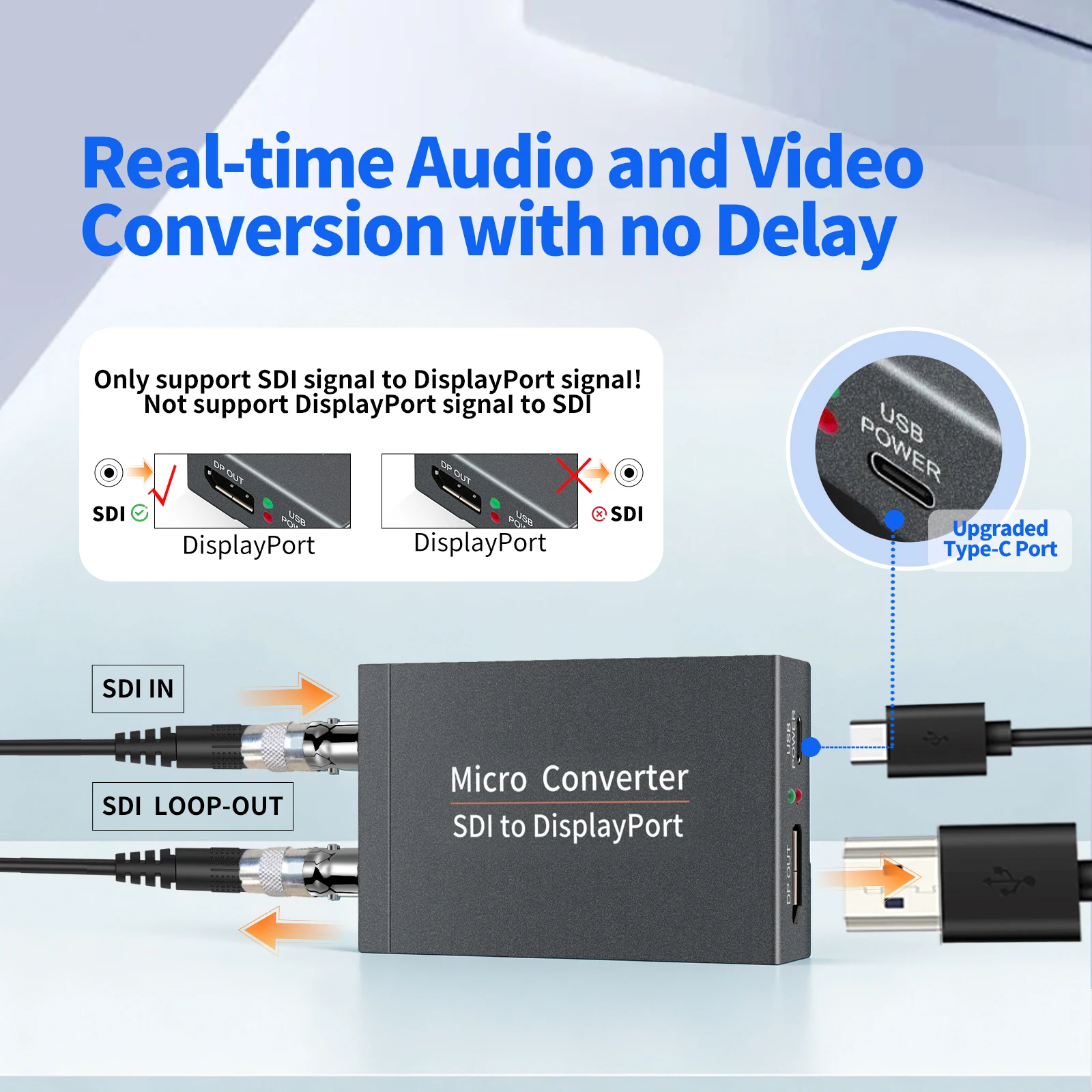 1080p BNC 3G SDI To DisplayPort Video Converter Display Adapter with Loop Audio Auto Format Detection for Camera To TV Monitor