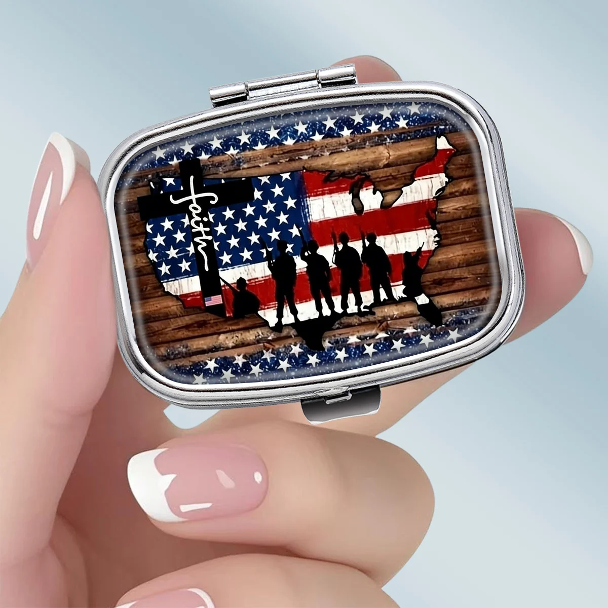 1Pc Compact 2-Compartment Square Metal Pill Box, Designed with a Scene of Five People Standing under the Flag, Portable Decorative Vitamin Storage Box, or a Unique Gift for Your Wallet
