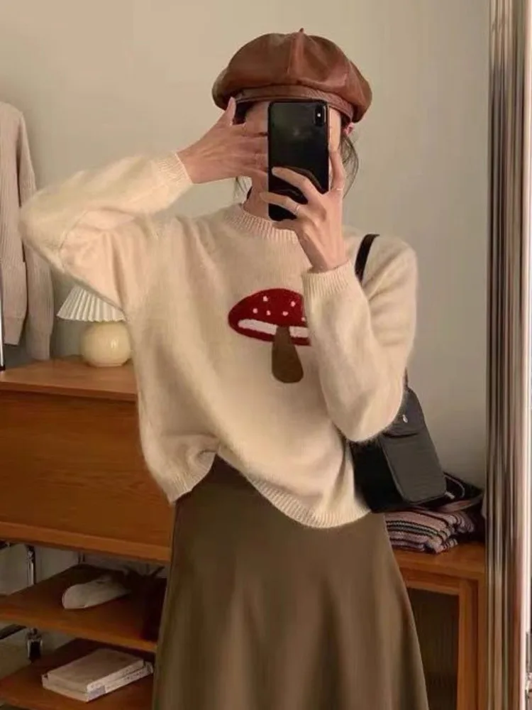 Little Mushroom Pullovers Women Embroidery Round-neck Elegant Soft All-match Korean Feminino Harajuku Long Sleeve Sweater