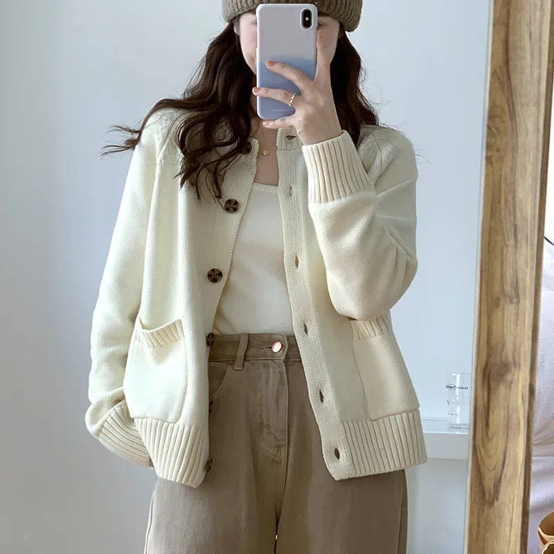 

Pure Color Fall Winter New Style Korean Casual Style Women's Loose Knitted Sweater Outerwear round Neck Soft Cozy Cardigan