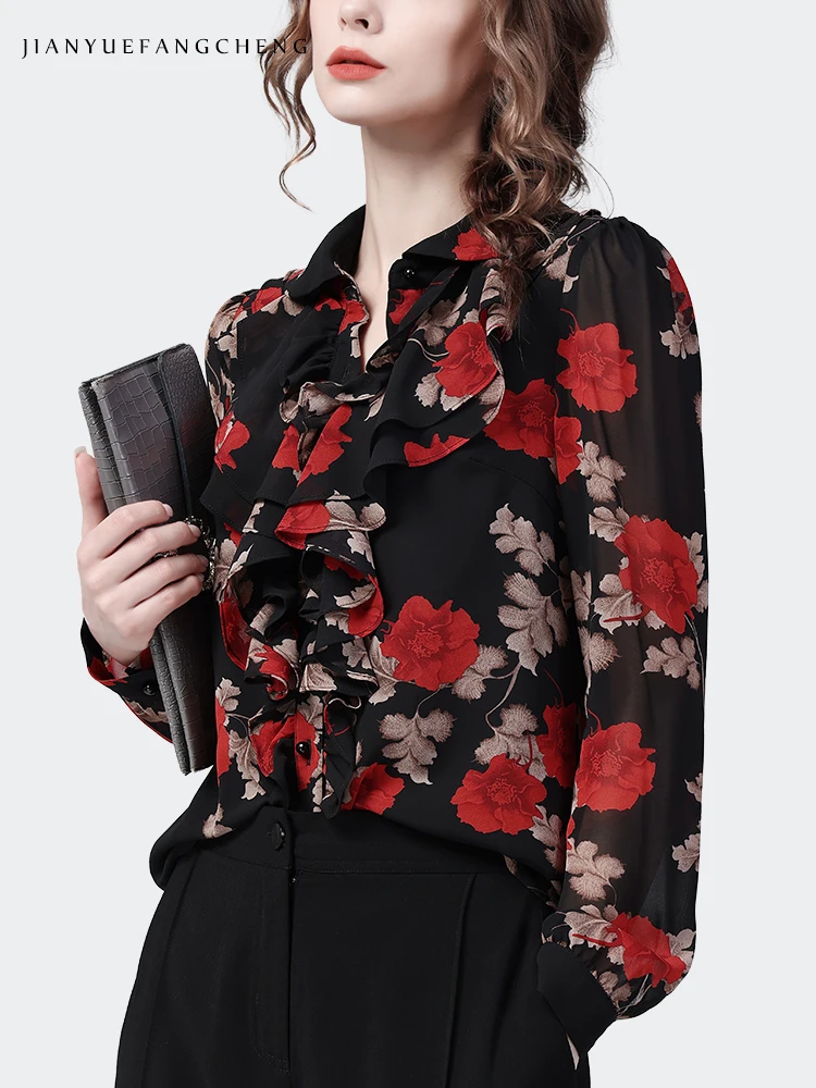 Vintage Black Floral Printed Women\' Long Sleeve Chiffon Blouse Ruffles Top Loose Plus Size 2023 Spring Summer Casual Work Shirts