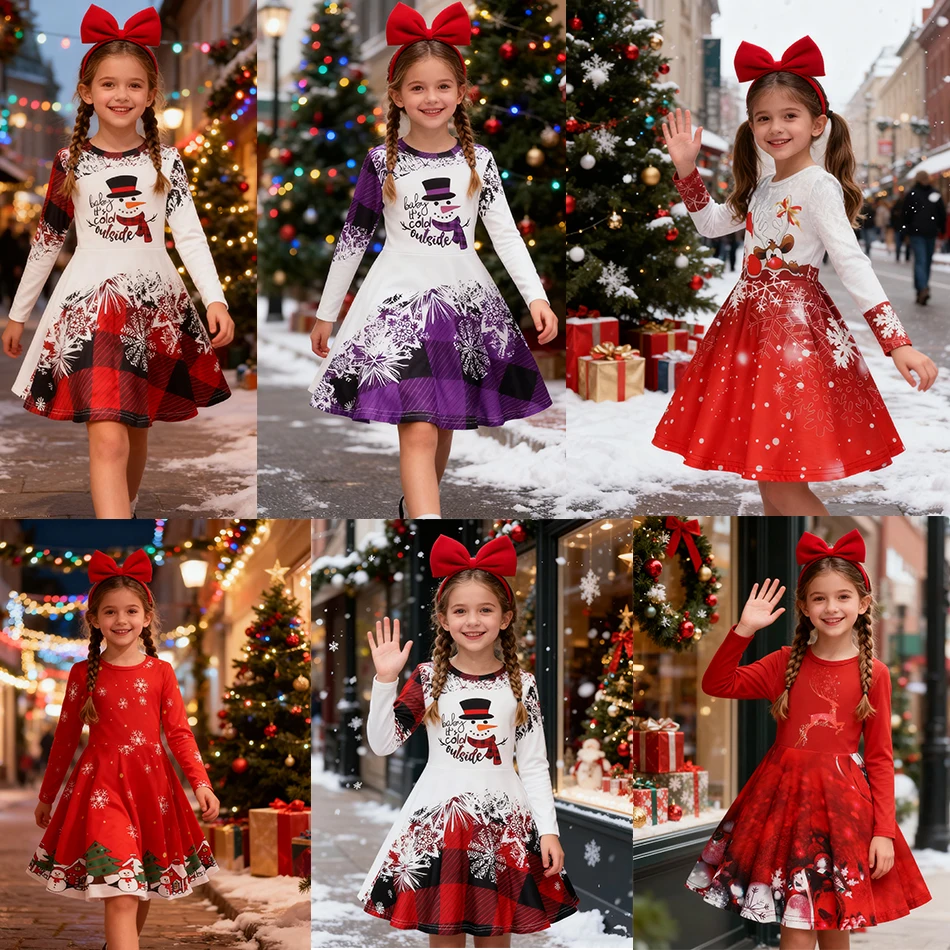 Spring Autumn Baby Girls Xmas Dress Cartoon Snowman Print Christmas Theme Winter Long Sleeve Party Casual Dress for Toddler Kids