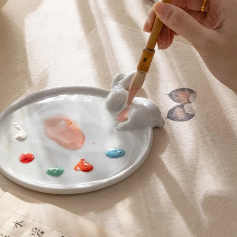 Moon Rabbit Ceramic Palette Chinese Painting Palette Penholder Jade Rabbit Ink Slab Pen licking Painting Art Paint Disks
