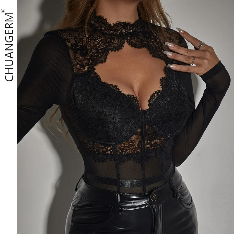 

CHUANGERM Women Bodysuit Lace Splicing Mesh Steel Ring Hollow Exotic Perspective Sexy Long-sleeved Onesie Lingerie Woman Push Up