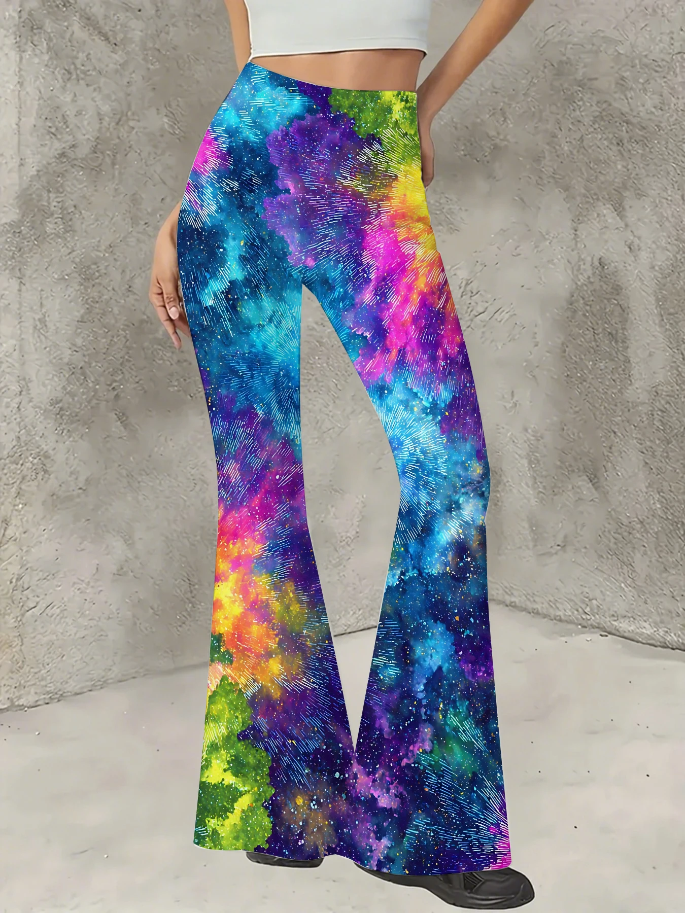 

Retro Printed Flare Pants Women High Waist Polyester Knit Bell Bottom Trousers