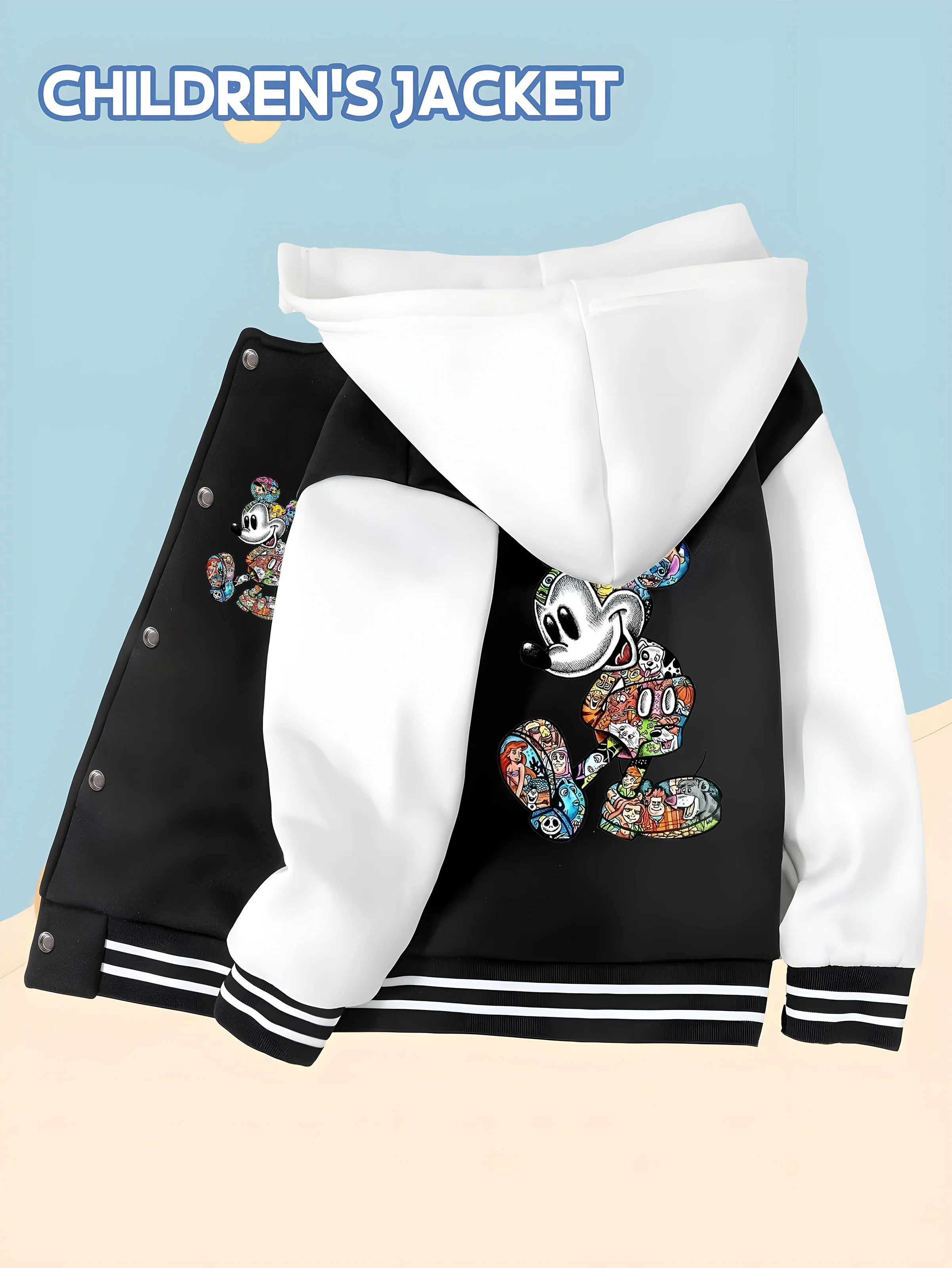 

MINISO Disney Boys' Baseball Jacket - Mickey Mouse Colorful Splicing Print, Trendy Art Style, Perfect for School, Versatile