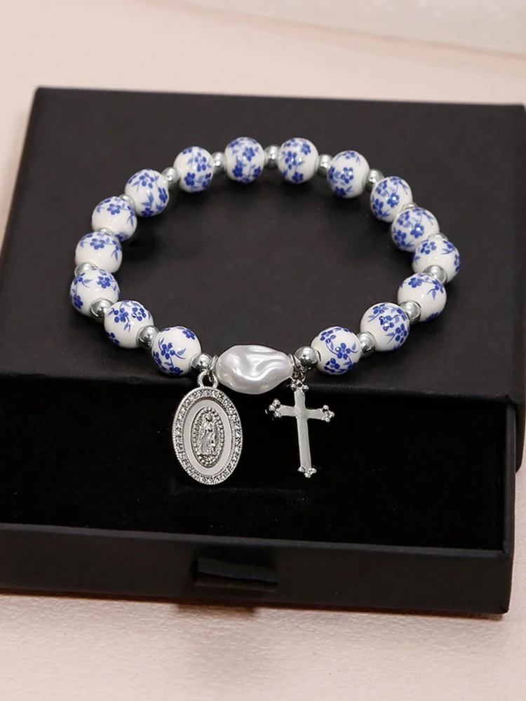 1 قطعة خمر الصليب مريم العذراء شخصية الاسلوب المناسب تقليد اللؤلؤ السيراميك معدن متعدد الألوان المرأة سوار مُزين بالخرز