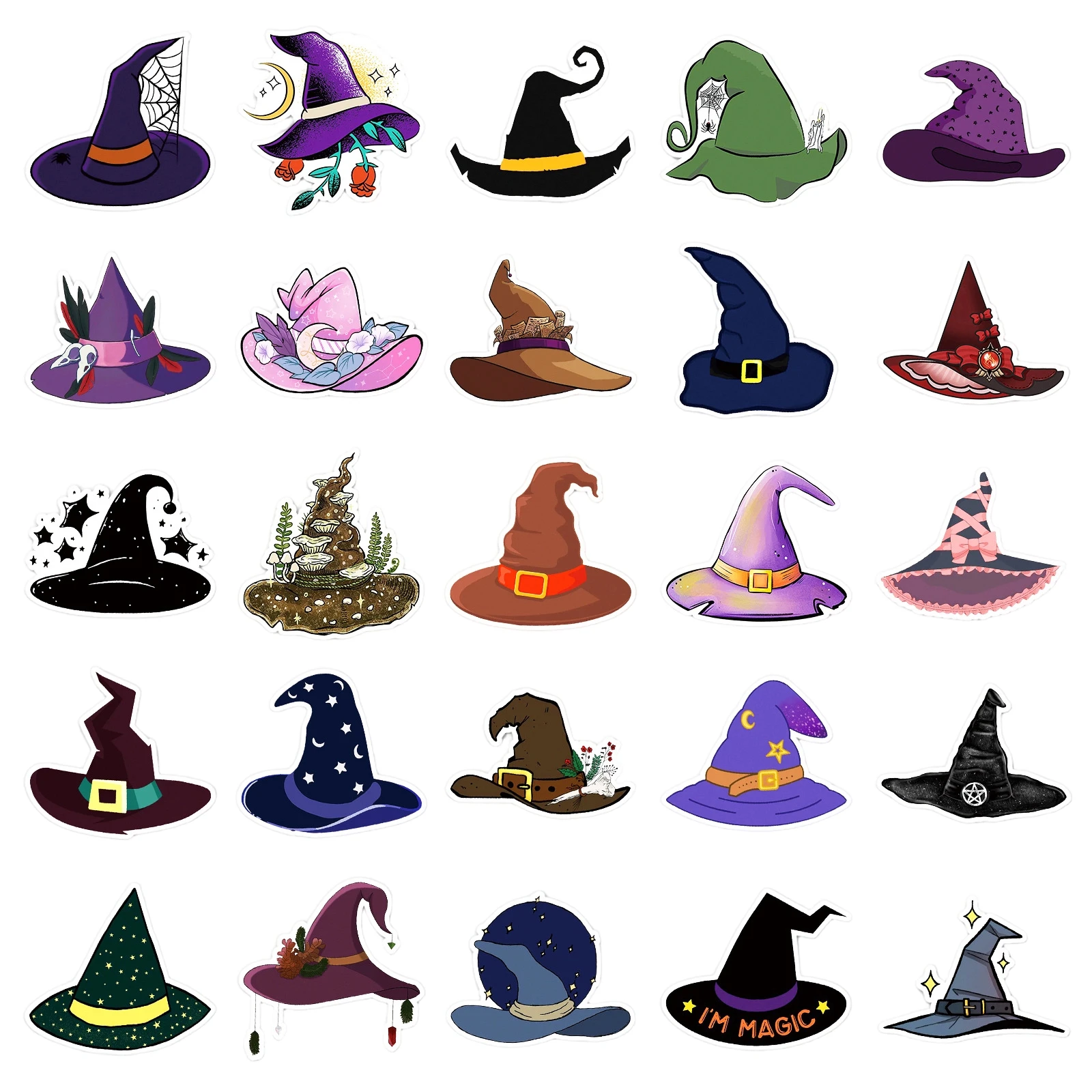 50pcs Witch Hat Stickers, Halloween Stickers, Cartoon Ghost Pumpkin Stickers, Gothic Decals, Waterproof Decorative Stickers view 2