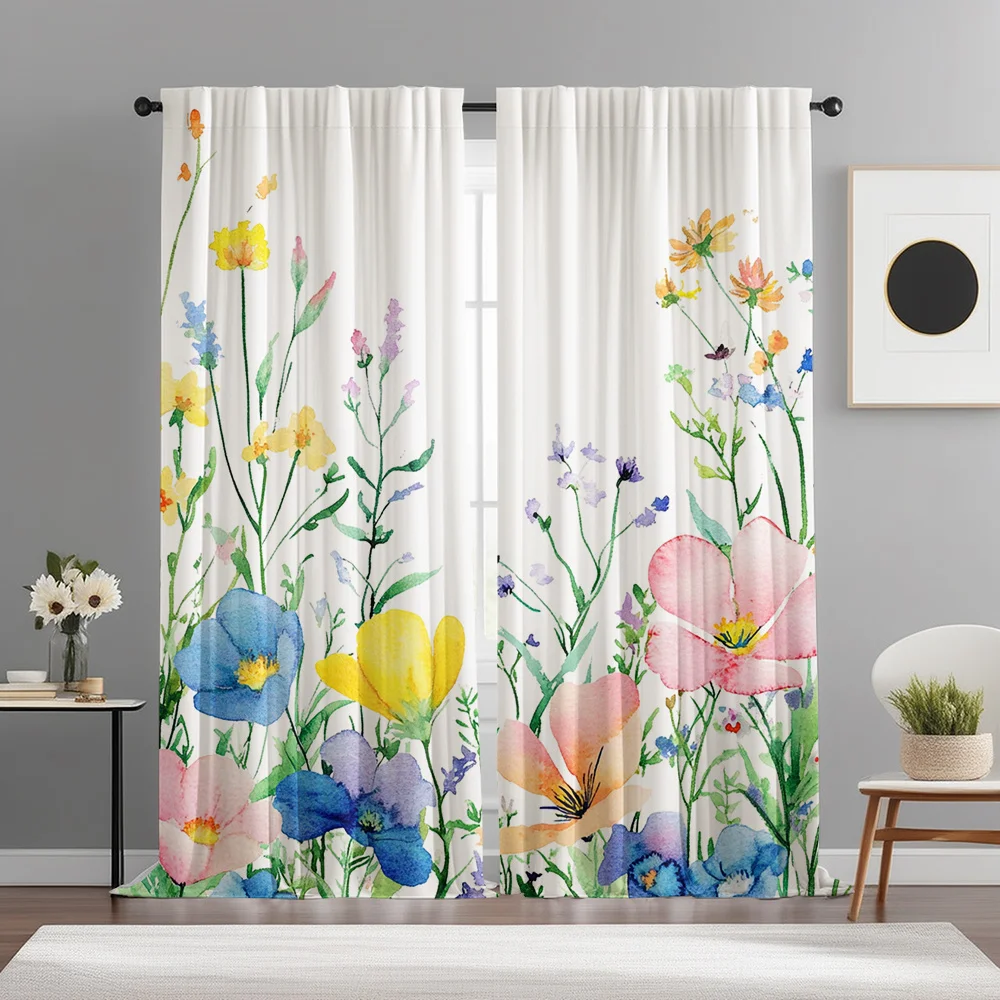 Watercolor Wildflower Meadow Curtains Set of 2 Rod Pocket Light Filtering Privacy Drapes for Kitchen, Cafe, Living Room