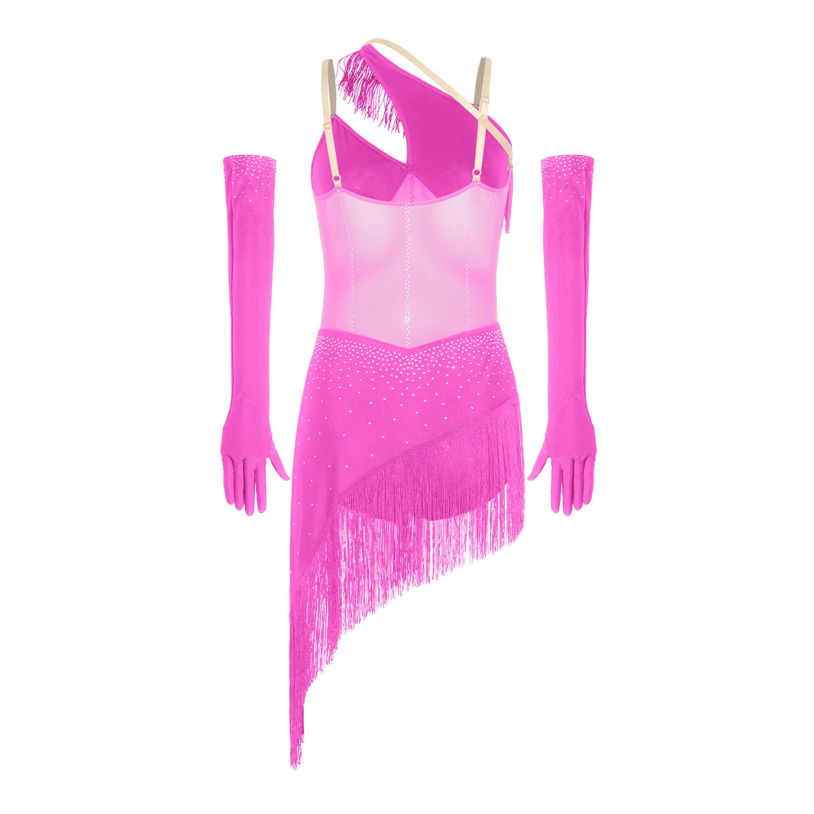 Damen Latin Samba Cha Cha Tanzkleid mit Strass-Mesh-Fransen, Asymmetrischem Rock und Langen Handschuhen, Wettbewerbs- und Aufführungskostüm – Detail 5