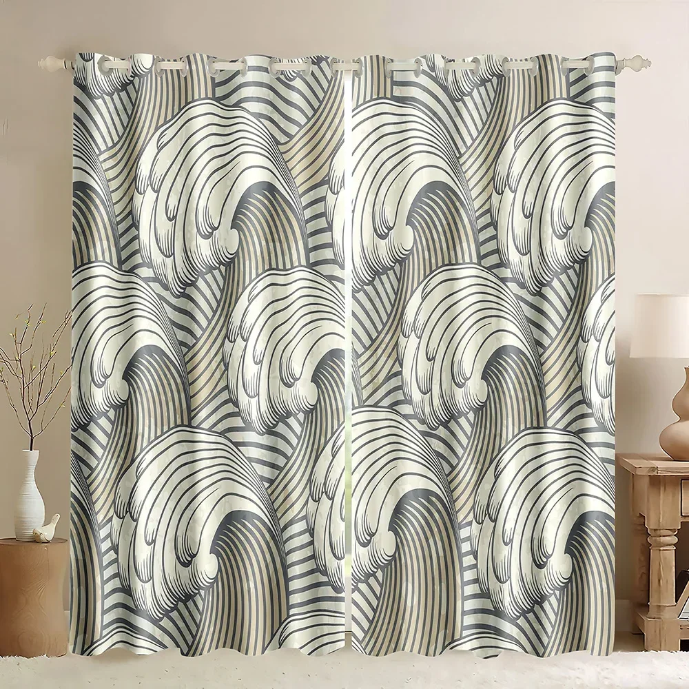 Window Curtains Oriental Culture Hand Drawn Style Japanese Motifs Illustration Wave,Blue Ocean The Great Waves Blackout Curtains
