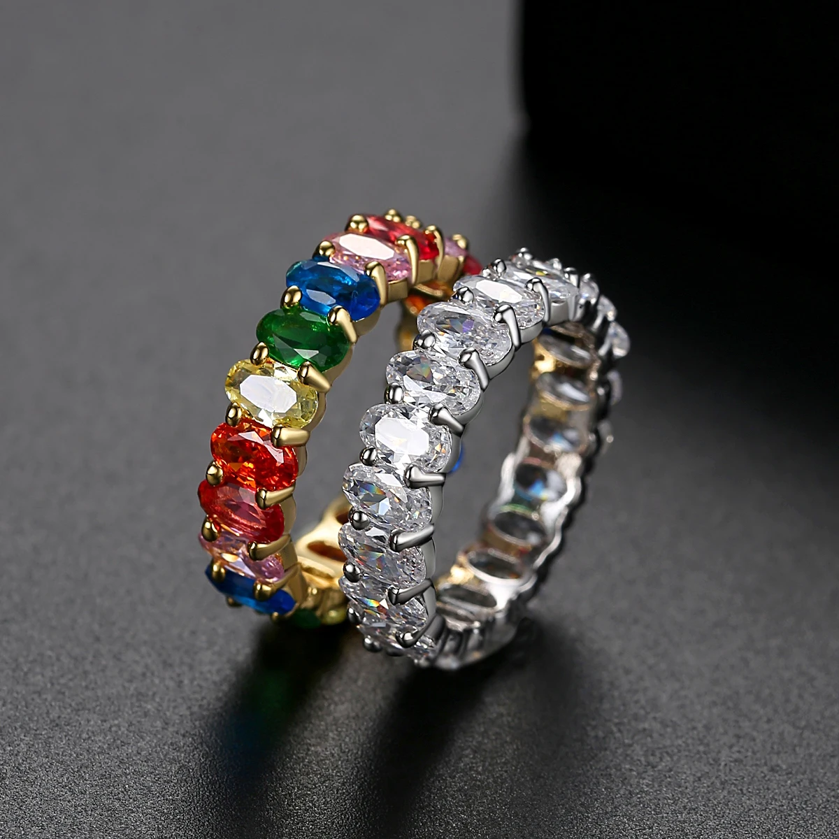 LUOTEEMI Colorful Simulated Gemstone Stone Wedding Engagement Rings for Women Fashion Gold Color Rainbow Zirconia Men Jewelry