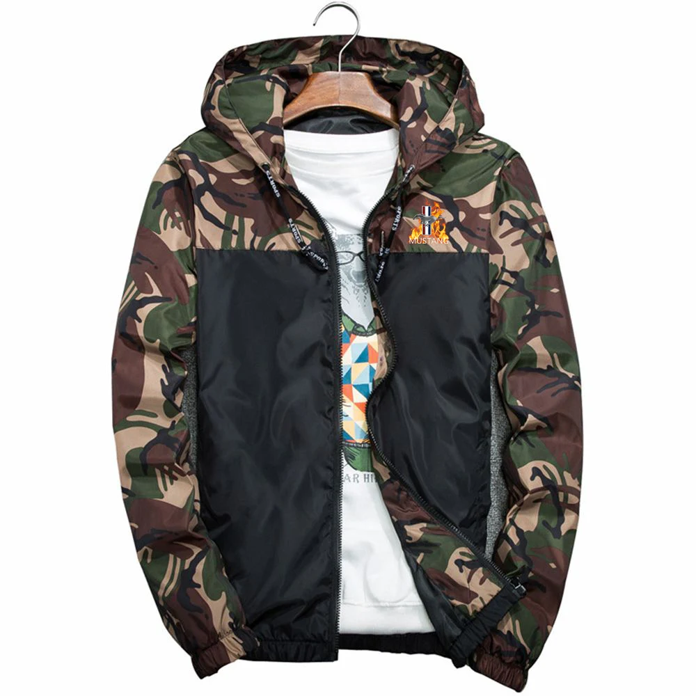 Mustang Printing Men's Hooded Fashion Camouflage Coat Spring Autumn Casual Windbreaker Harajuku Style Streetwear Male Jackets