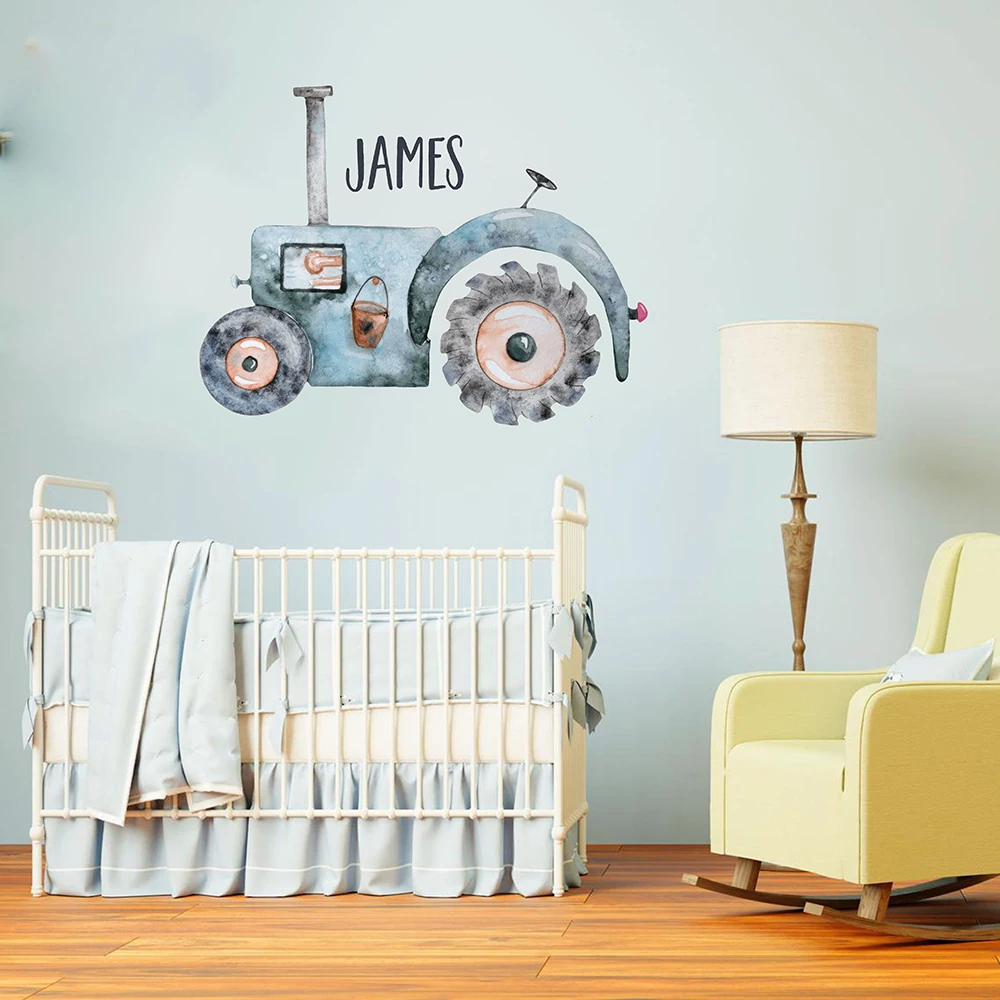 Custom Name Tractor Wall Sticker Boy Room Kids Room Personalized Name Farm Tractor Truck Wall Decal Playroom Printed Home Decor