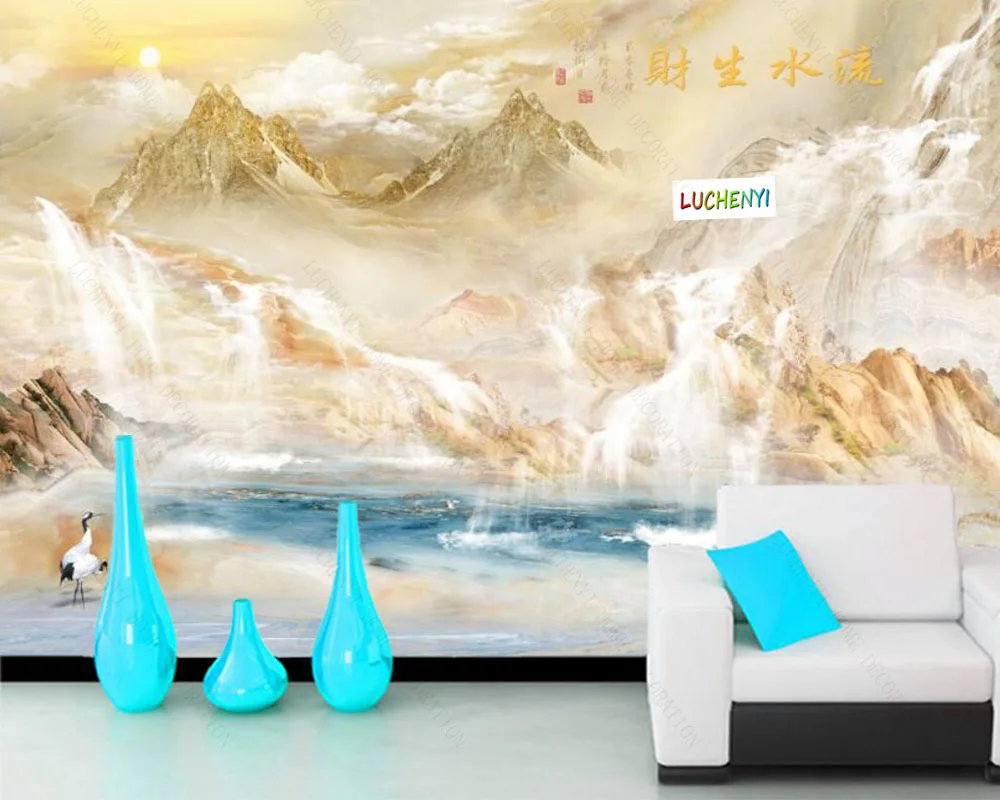 

Papel de parede flowing water generates wealth flowing water landscape painting hotel wallpaper mural, wallpaper home decoration