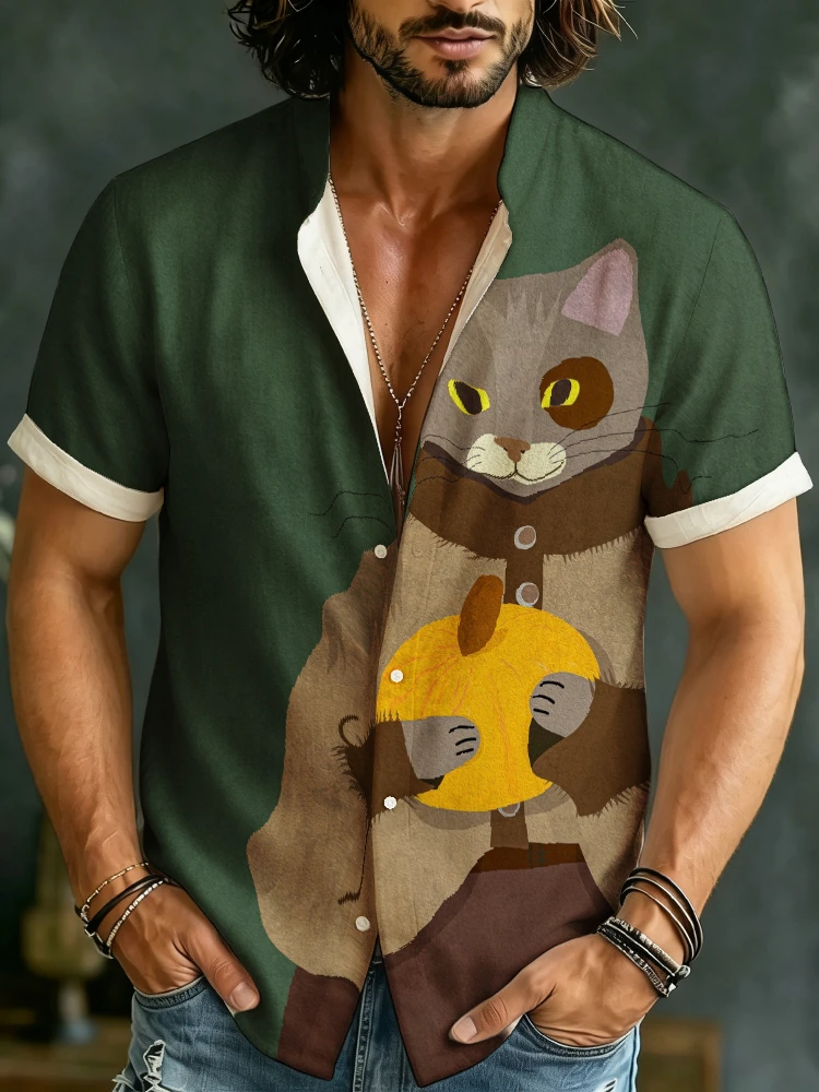 Plus Size Mens Halloween Cat Pumpkin Graphic Shirt Stand Collar Short Sleeve Button Up Retro Art Print Summer Beach Tops