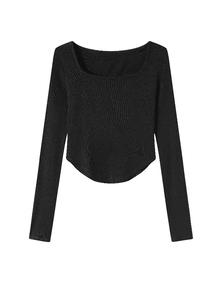 Korean Style Green Fashion Tee 2026 Autumn Women's Long Sleeve T-Shirt Stylish Square Collar Skinny Sexy Solid Basic Crop Tops