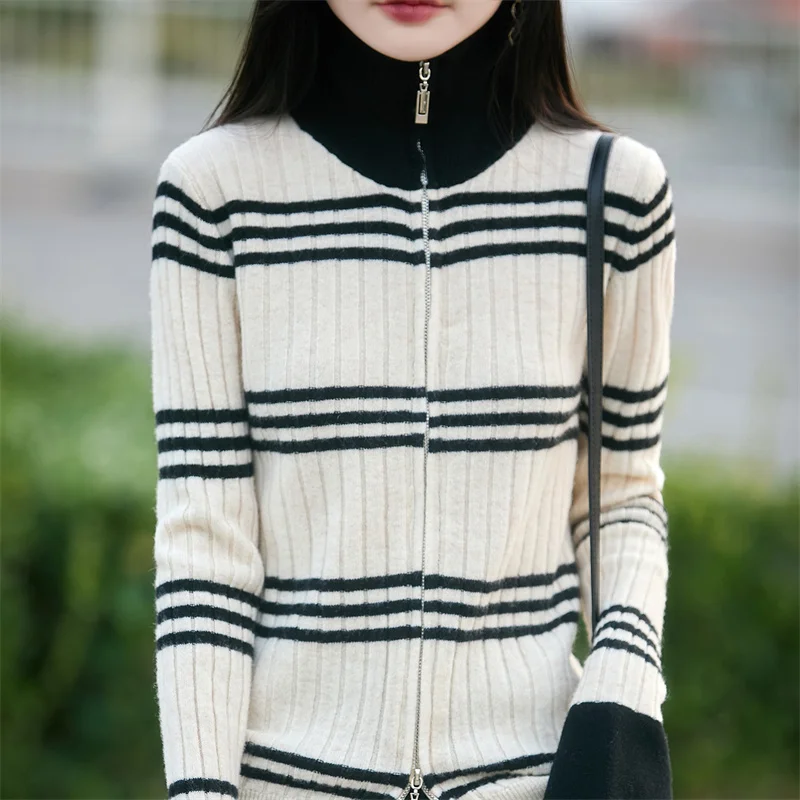 

Classic striped double zipper stand-up collar sweater 100% pure wool knitted cardigan women autumn and winter flared sleeve coat