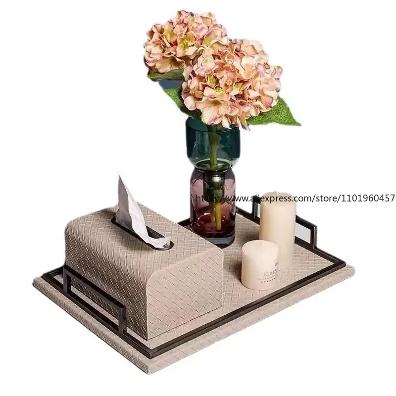 Modern Leather Storage Tray Creative Hand Woven Bedroom Jewelry Organizer Western Restaurant Tableware Container Home Decoration