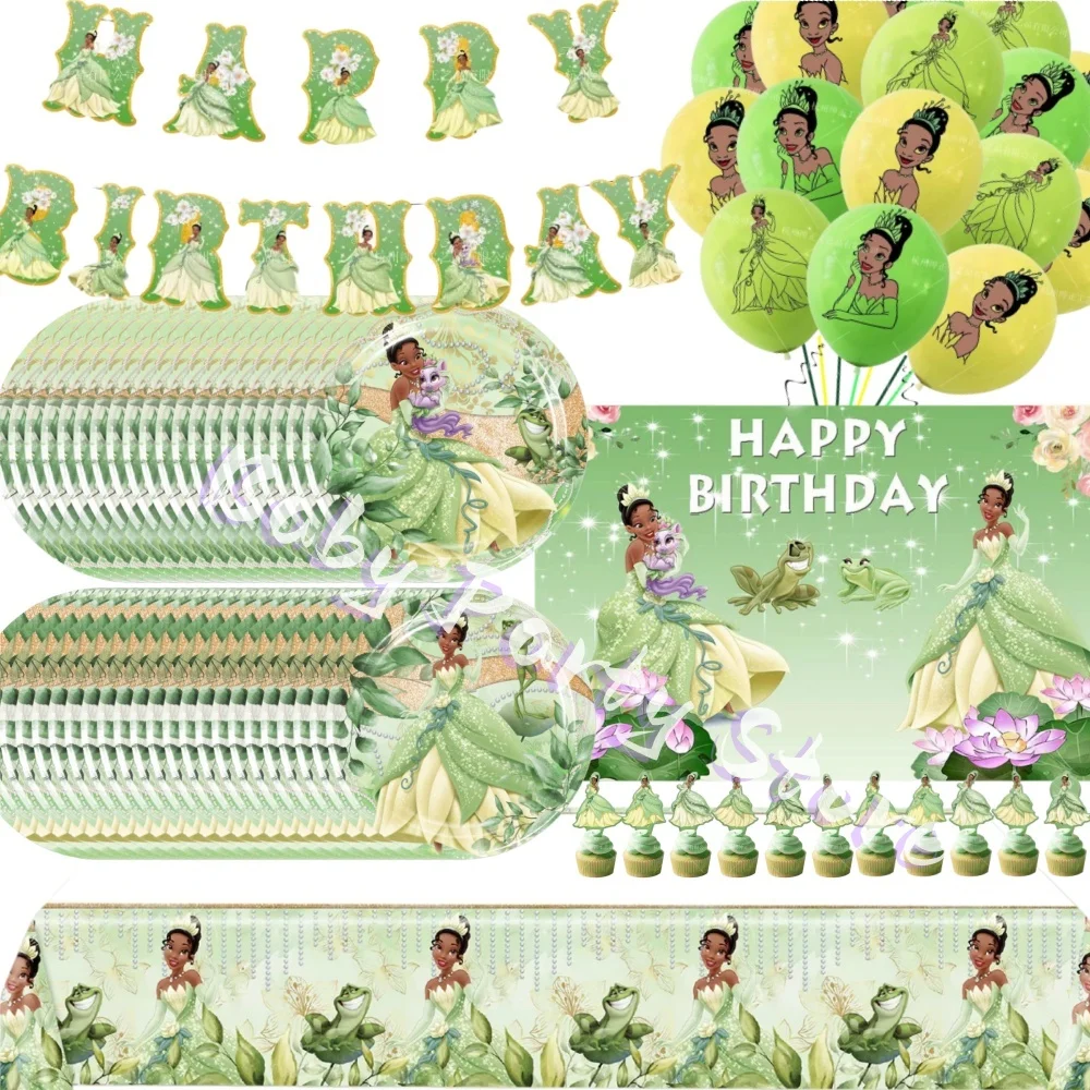 Ensemble de vaisselle jetable pour fête de la princesse Tiana, grenouille, gobelet en papier, assiette, serviette, nappe, décoration de fête d'anniversaire pour filles