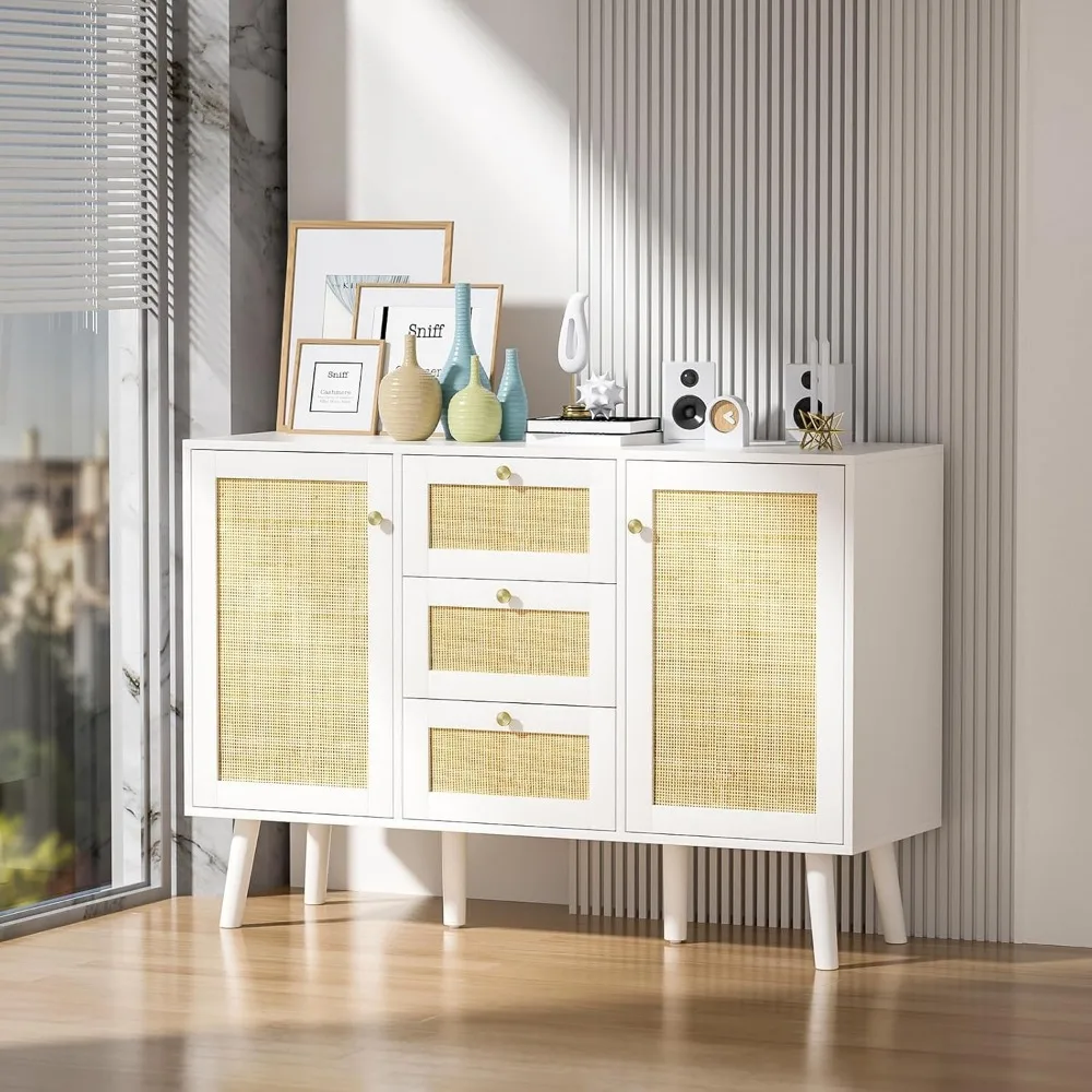 

Giluta White Buffet Cabinet, Rattan Doors Sideboard, Kitchen Storage Cabinet with Drawers and Shelves, Farmhouse Wood Coffee Bar