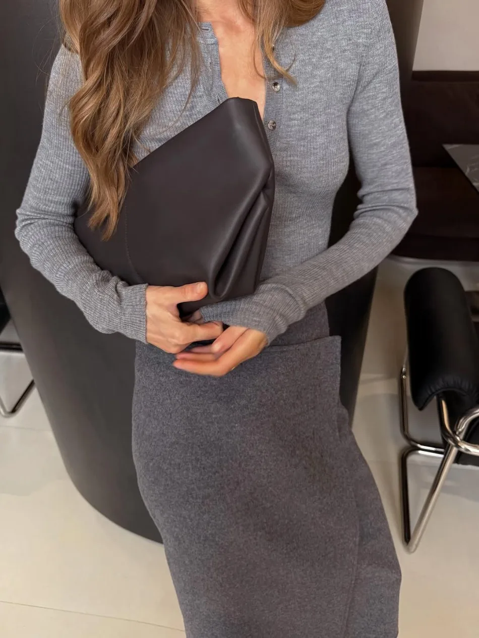 Herbst Winter Neue Damen-Pendlerkleidung Grauer Woll-Midirock Eleganter Hochtaillierter Knopf-Schlitzrock für Damen – Detail 15