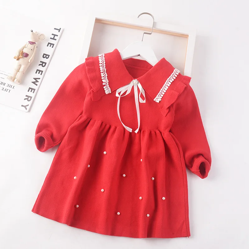 2023 Autumn Winter Girls Sweater Dress Lapel Kids Baby Sweater Children Clothing Nail Bead Pullover Knitted Dressrs Jumper 3-8y