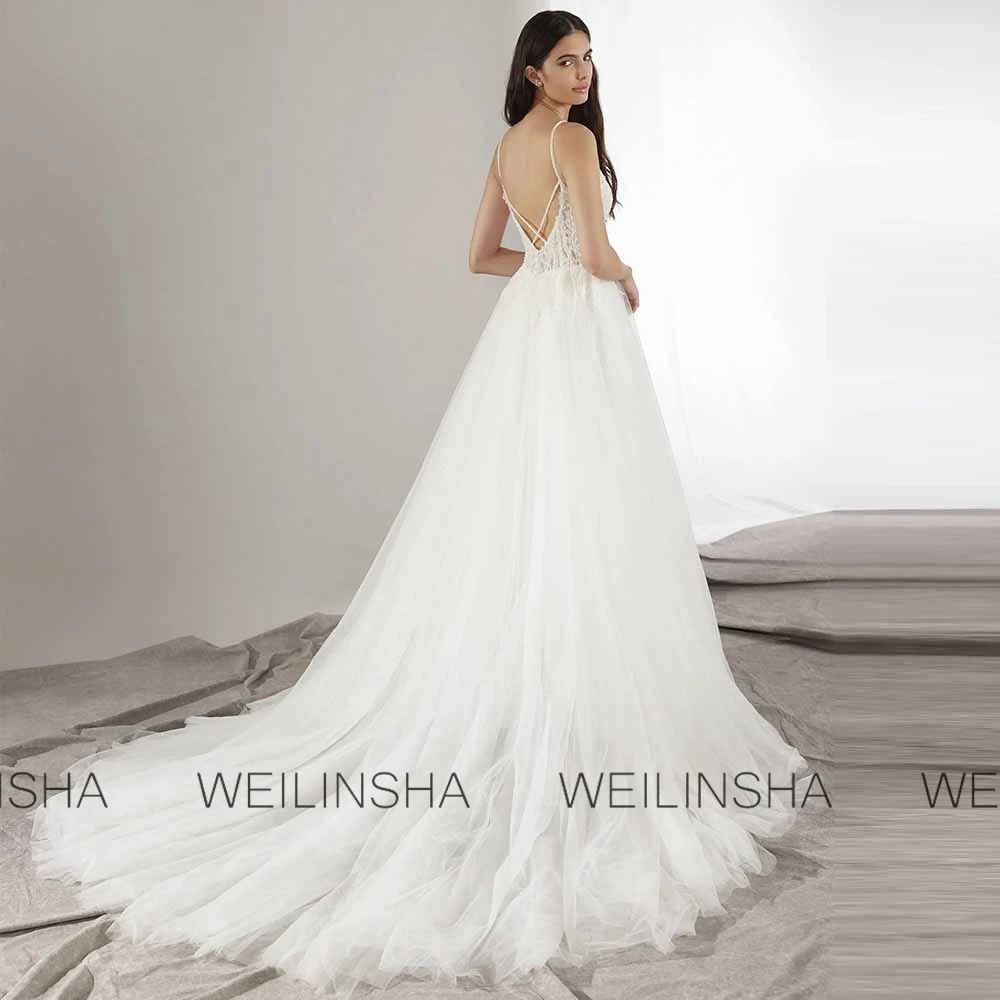 Romantic Church Wedding Dresses Tulle A-line Wedding Party Dresses Ivory Spaghetti Strap Beads Criss-Cross Wedding Dresses Women