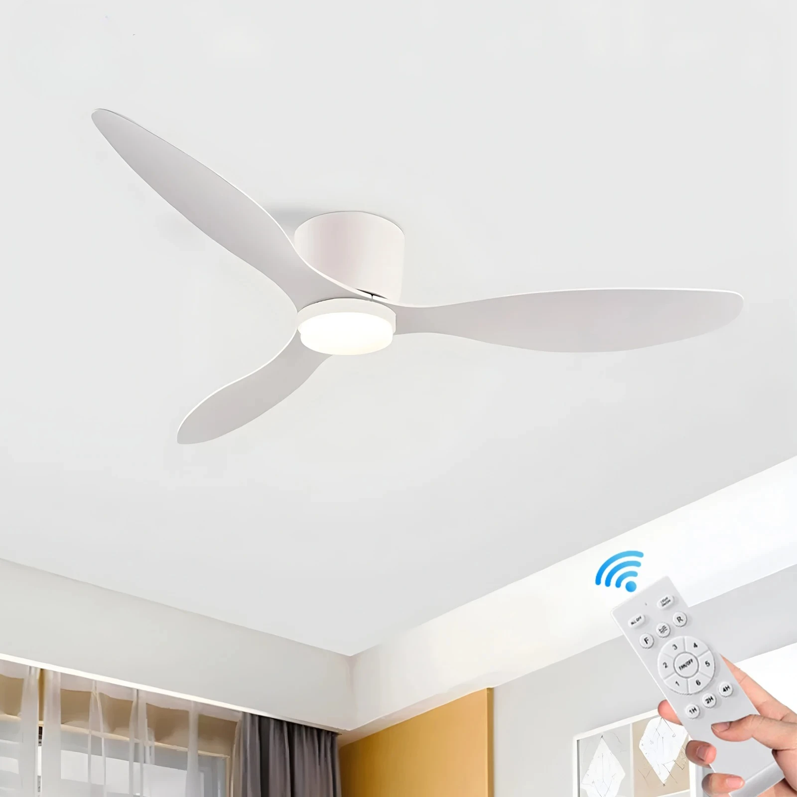 Deckenventilator mit Licht, 6-Gang-Wahl, umkehrbarer Gleichstrommotor, 3 CCT mit Fernbedienung, Whisper, einfache Installation, Schwarz/Weiß/Holz