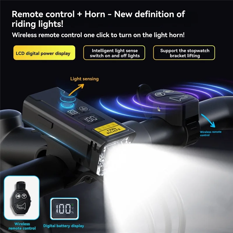 

A06F-Bicycle Headlight With Smart Horn Bike Handlebar Flashlight Remote Control Cycling Safety Lamp Bicycle Accessories