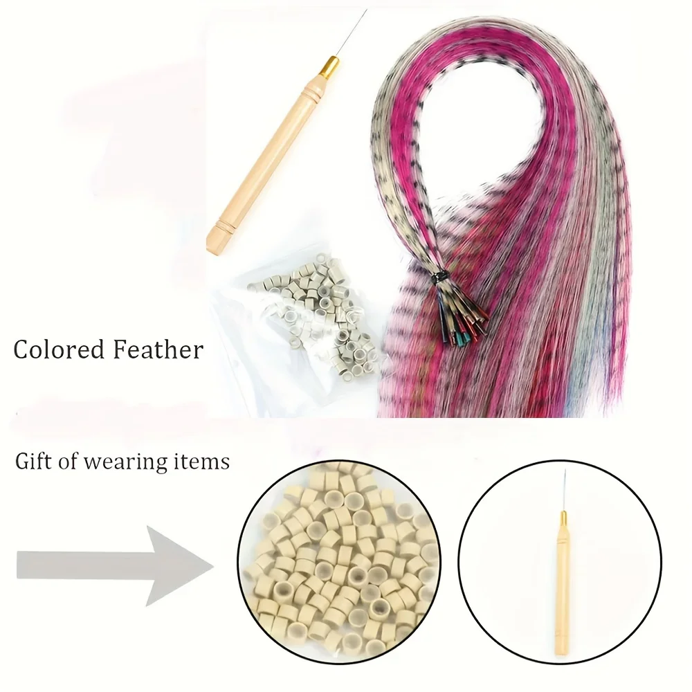 Peruca de cabelo longa e reta sintética, Cor Pena Crochet Hair Extension, 100 Anéis de Silicone, 1 Acessório Crochet Gancho, 30Pcs