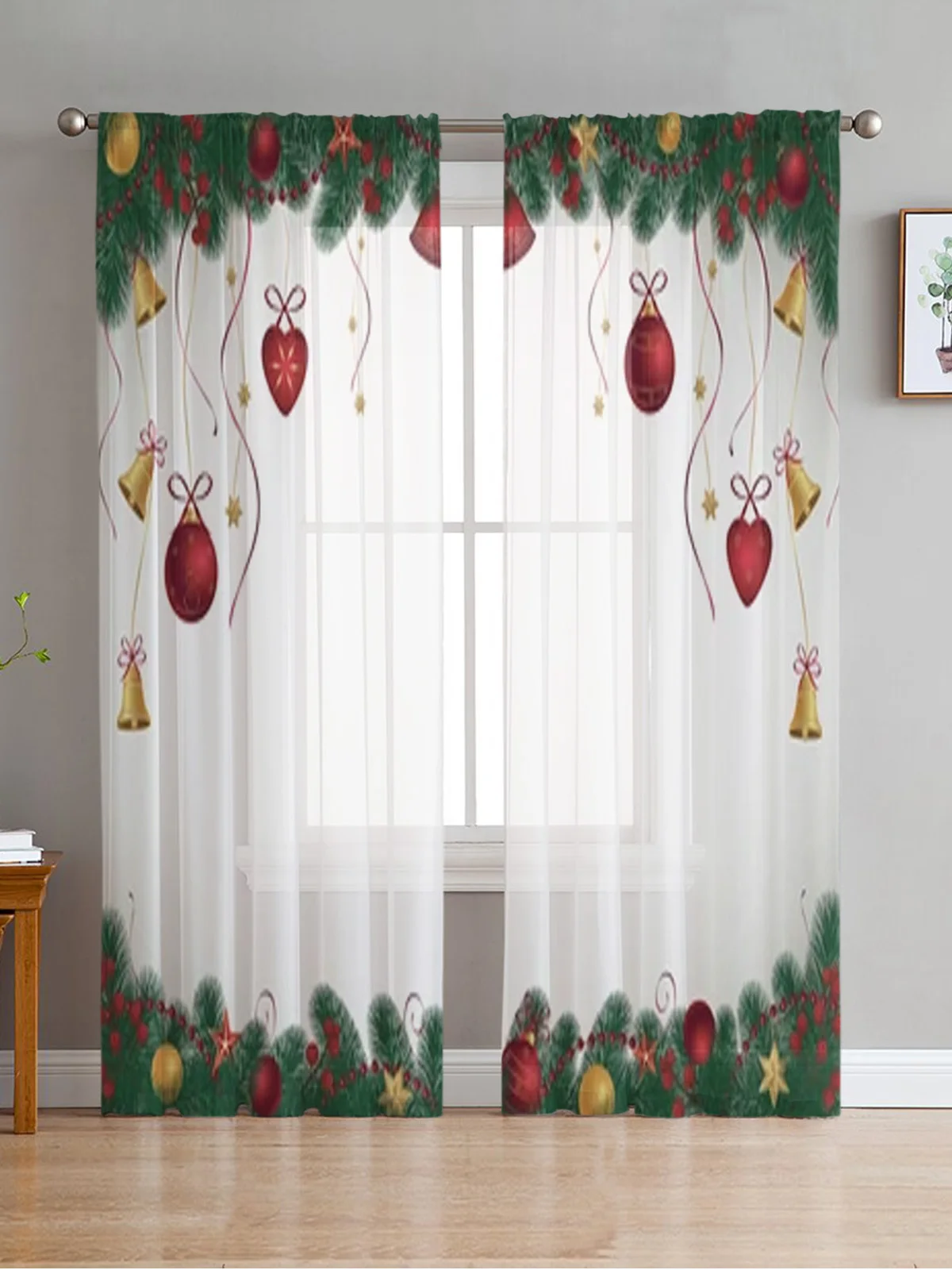 Christmas Fir Branches And Balls Chiffon Sheer Curtains For Living Room Bedroom Decor Kitchen Window Voiles Tulle Curtain