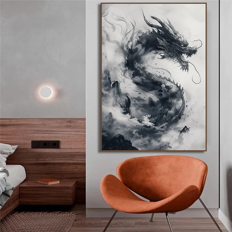 Vintage Asian Ink Style Dragon with Japan Samurai Art Poster Canvas Painting Wall Prints Picture for Living Room Home Decor