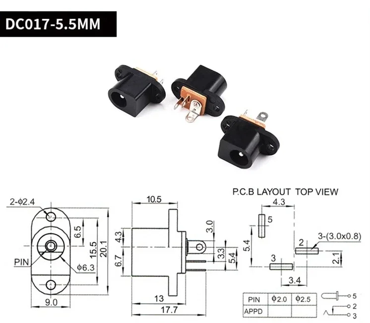 10/50Pcs/lot DC-017 5.5*2.1mm DC Female Power Socket With Ear Screw Hole 5.5*2.1 DC Socket Adapter Connector Jack DC017 5.5×2.1