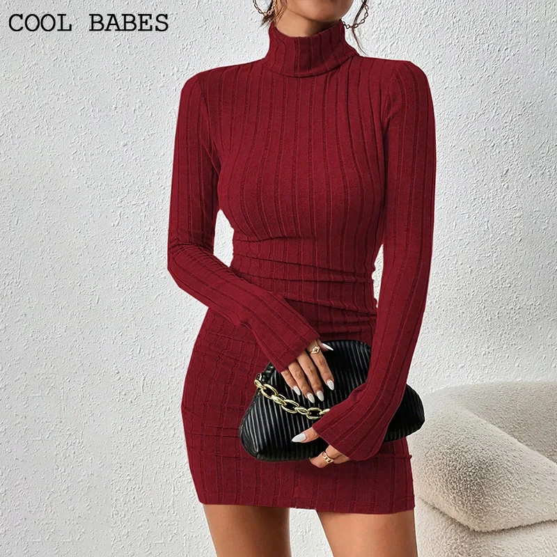 New Solid Dress Women Elegant Party Autumn Winter Turtleneck Long Sleeves Sexy Sheath Mini Dresses Bodycon Club Knitted Dress