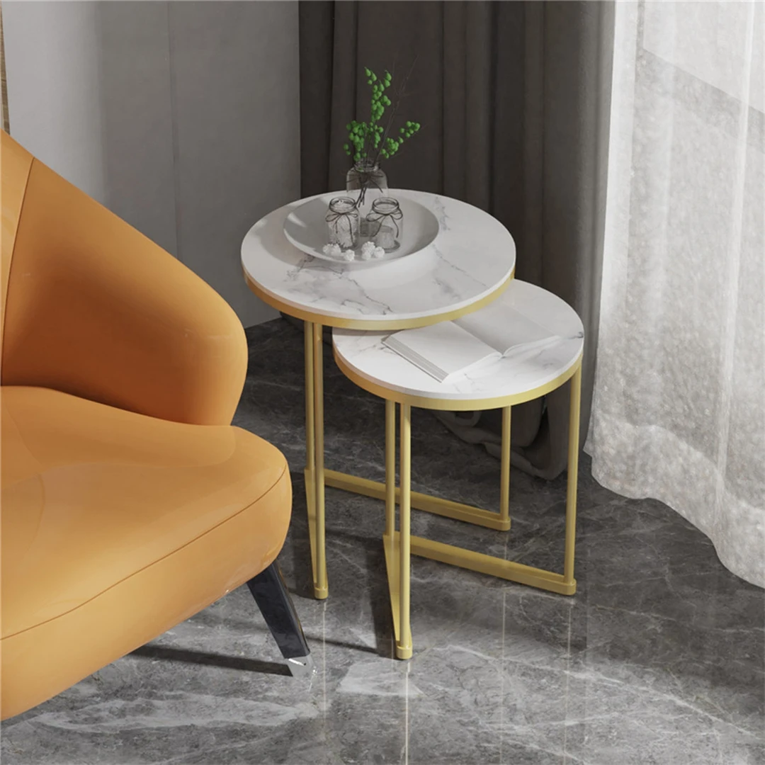 

2Pcs Nesting Coffee Side Table Set Modern Round Metal Frame Small Space Furniture Accent End Table for Living Room Office